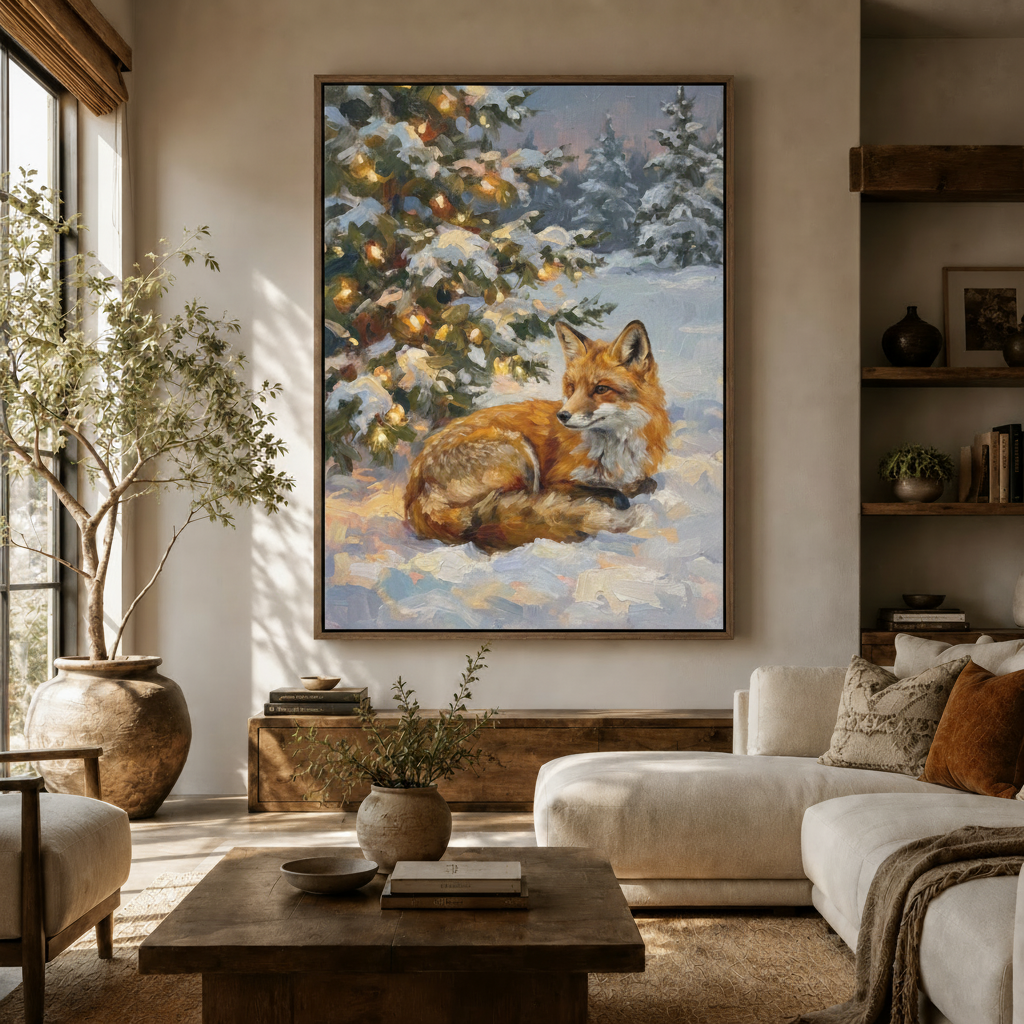 Christmas fox oil painting canvas wall art displayed in a warm modern living room