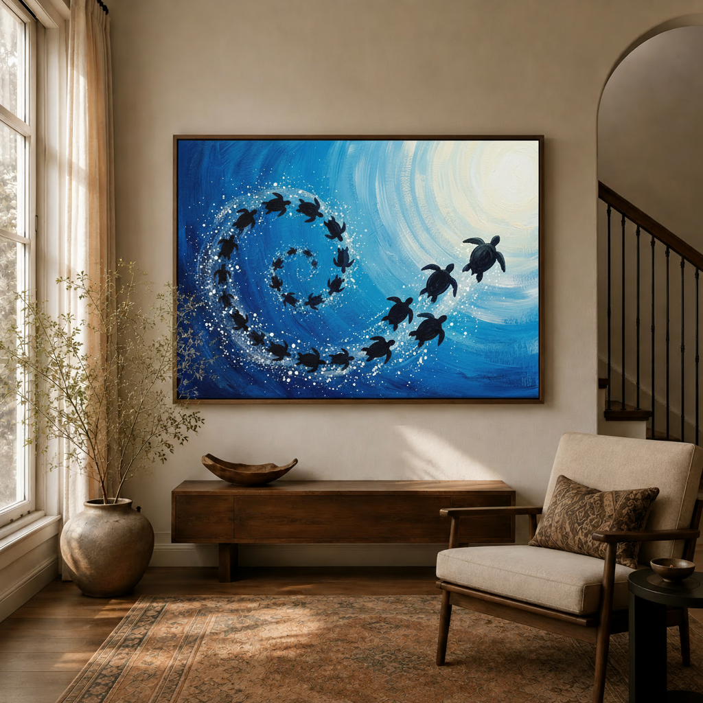 Sea turtle canvas wall art in dark walnut floater frame displayed above entryway console table with arched doorway