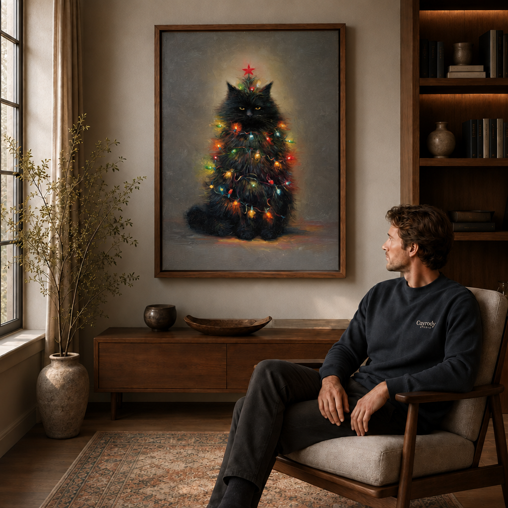 Black cat Christmas tree wall art above a walnut console beside a seated man.