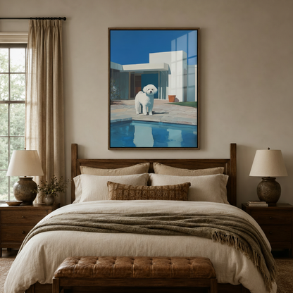 White dog poolside modernist house canvas wall art displayed above bed in warm cozy bedroom setting