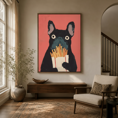 French Bulldog pop art canvas displayed in a warm entryway with natural wood furniture and neutral decor