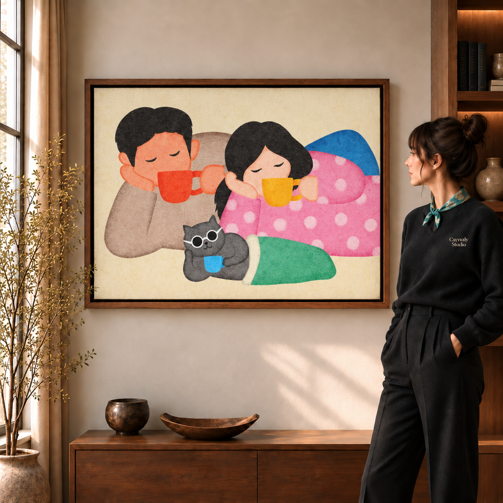 Whimsical couple and cat canvas wall art in a walnut frame beside a woman wearing a scarf.