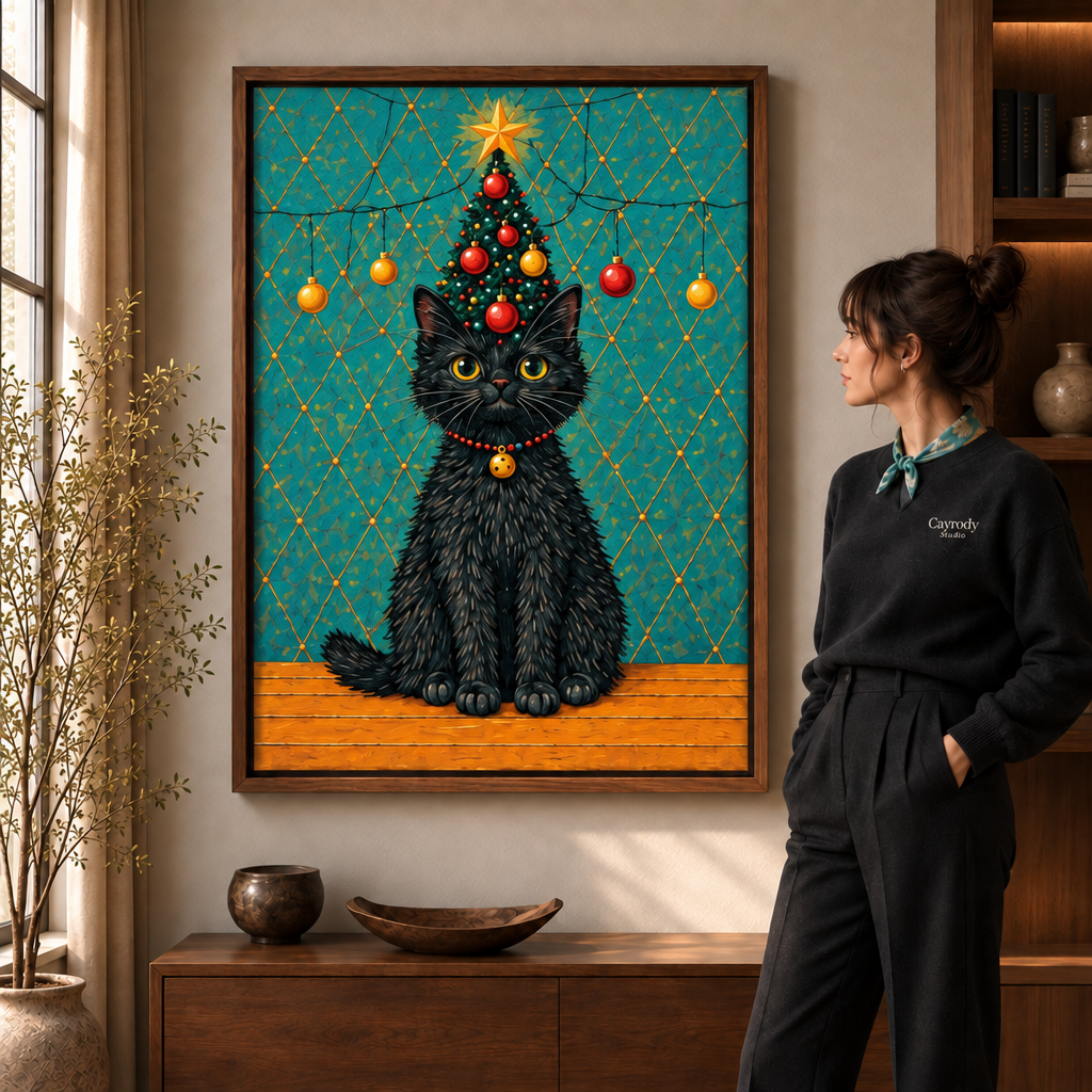 Walnut-framed black cat Christmas tree wall art above a wooden sideboard beside a window and leafy branches.
