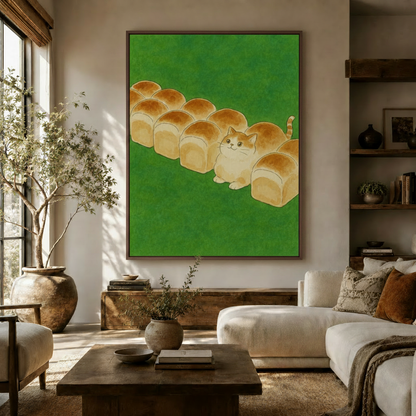 Large Japanese illustration wall art of cat among bread loaves displayed in a cozy living room
