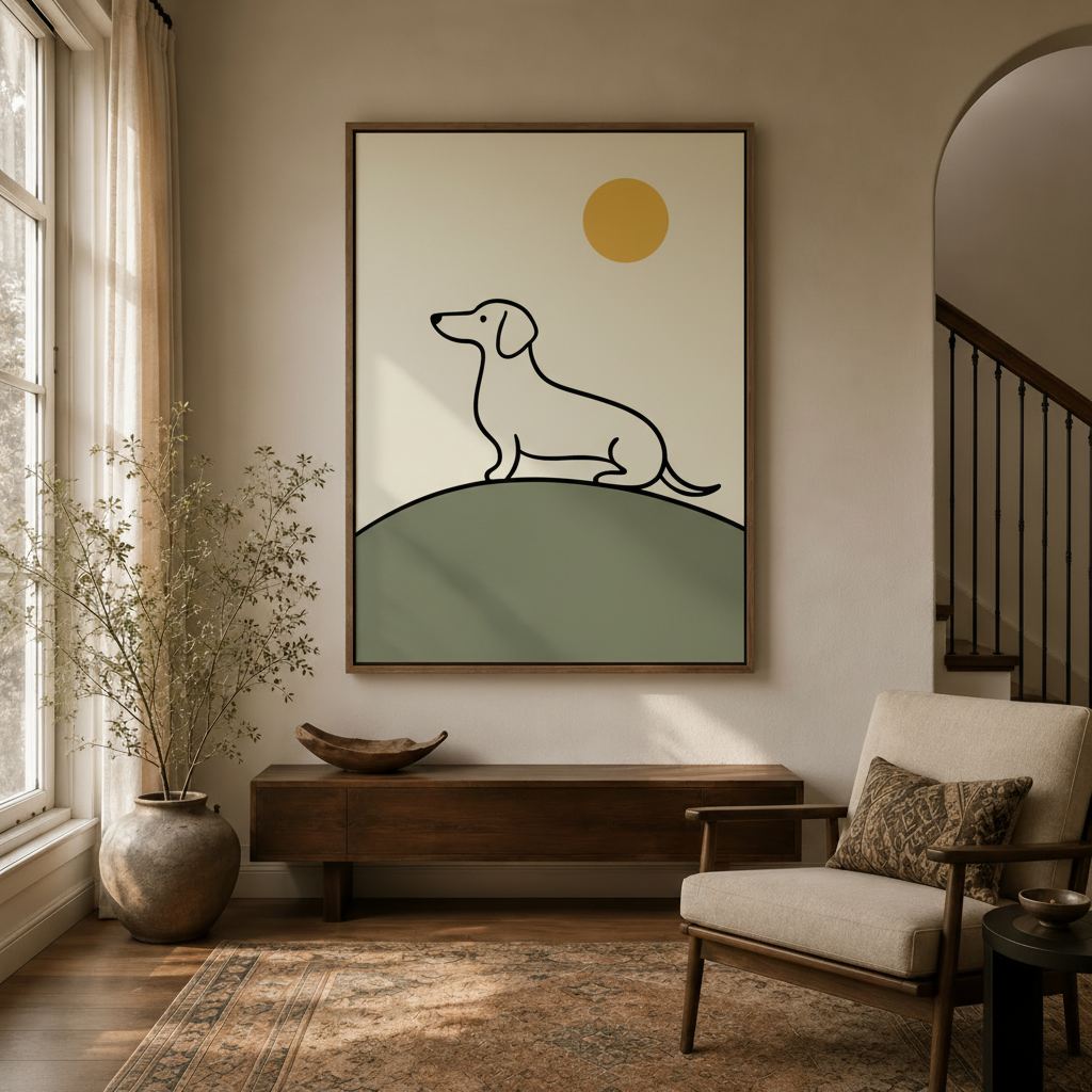 Dachshund minimalist line art canvas in dark walnut float frame above console table in warm neutral entryway with dried branch arrangement