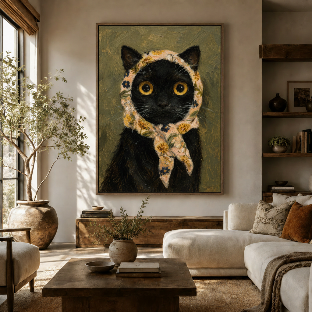 Whimsical black cat oil painting with floral headscarf hung as statement art in a cozy boho living room