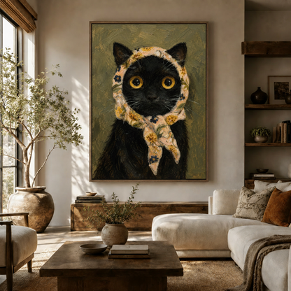 Whimsical black cat oil painting with floral headscarf hung as statement art in a cozy boho living room