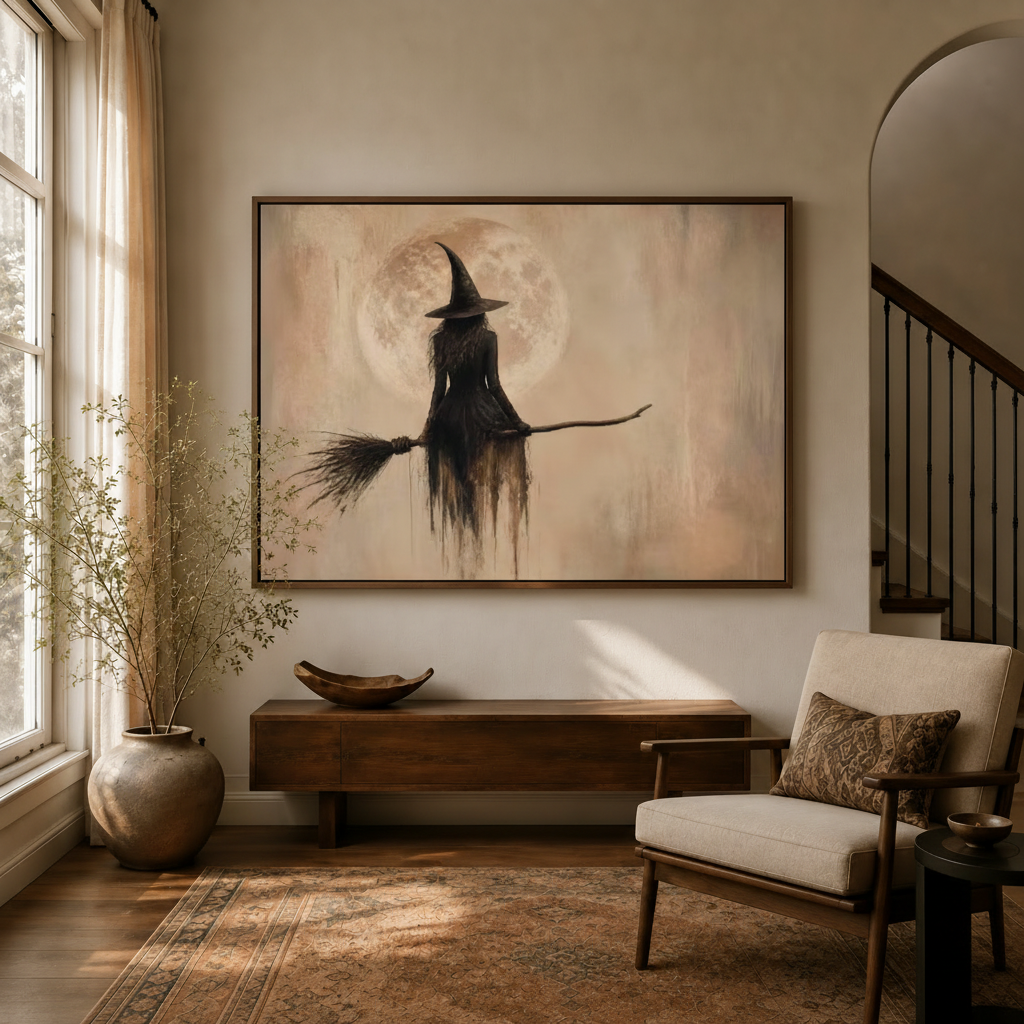 Gothic witch moon impasto oil painting in walnut float frame above walnut sideboard living room