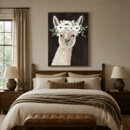 Alpaca flower crown impasto canvas wall art displayed above bed in warm neutral bedroom