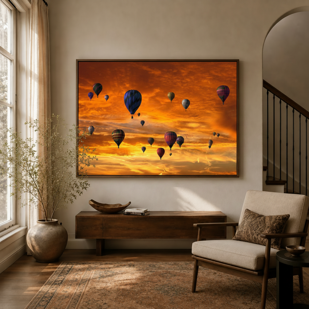 Hot air balloon sunset canvas wall art displayed in a warm neutral entryway with floater frame