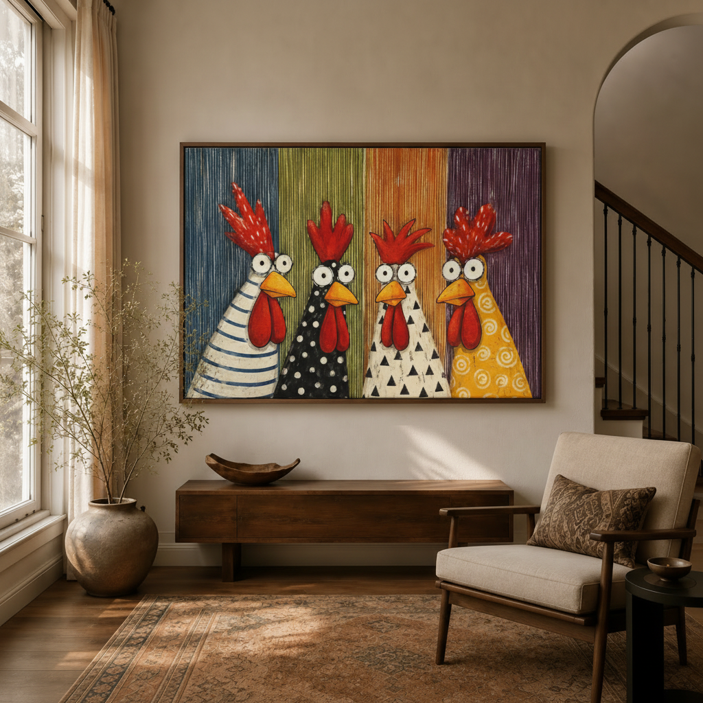 Funky roosters pop art canvas print in float frame above walnut console in warm neutral entryway