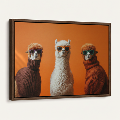Walnut-framed canvas close-up showing three alpacas in colorful sunglasses on bold orange background