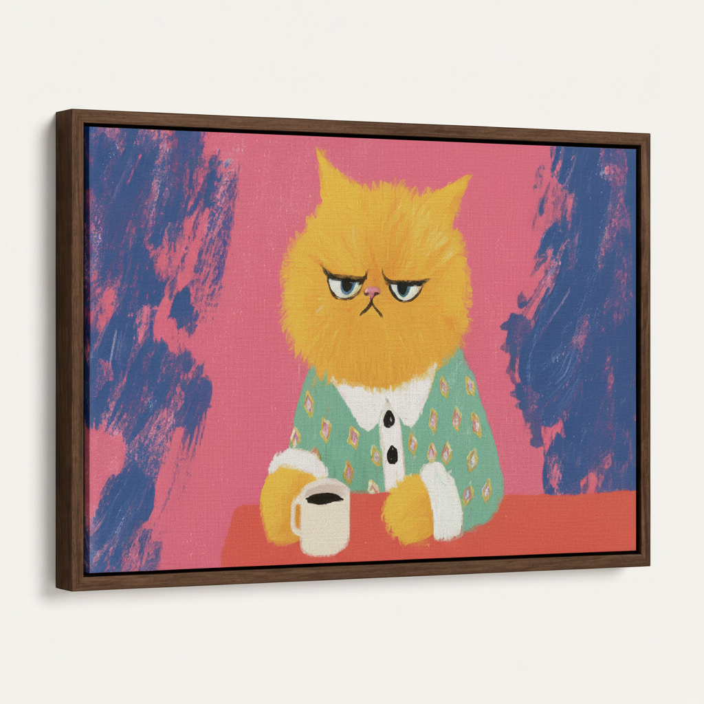 Grumpy Persian cat coffee canvas in dark walnut float frame, 3/4 angle view on white background