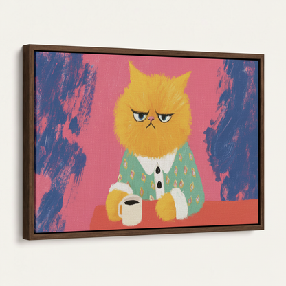 Grumpy Persian cat coffee canvas in dark walnut float frame, 3/4 angle view on white background