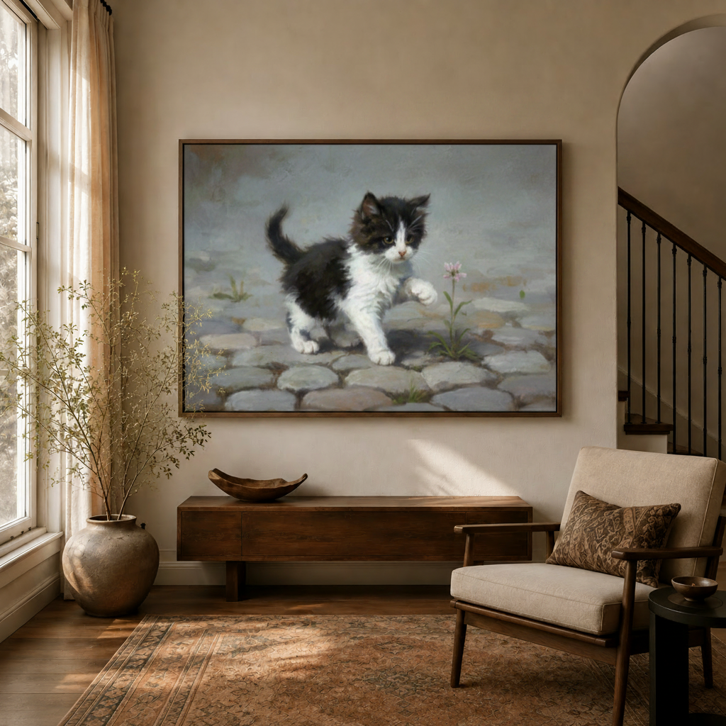 Classical realist kitten canvas displayed in a warm entryway above a dark walnut console with dried branches