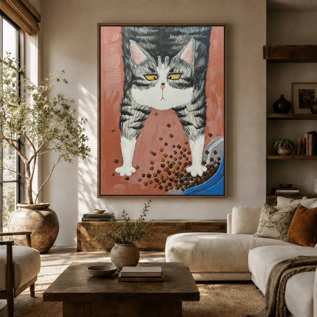 Grumpy tabby cat oil painting canvas in warm living room with white sofa and olive tree