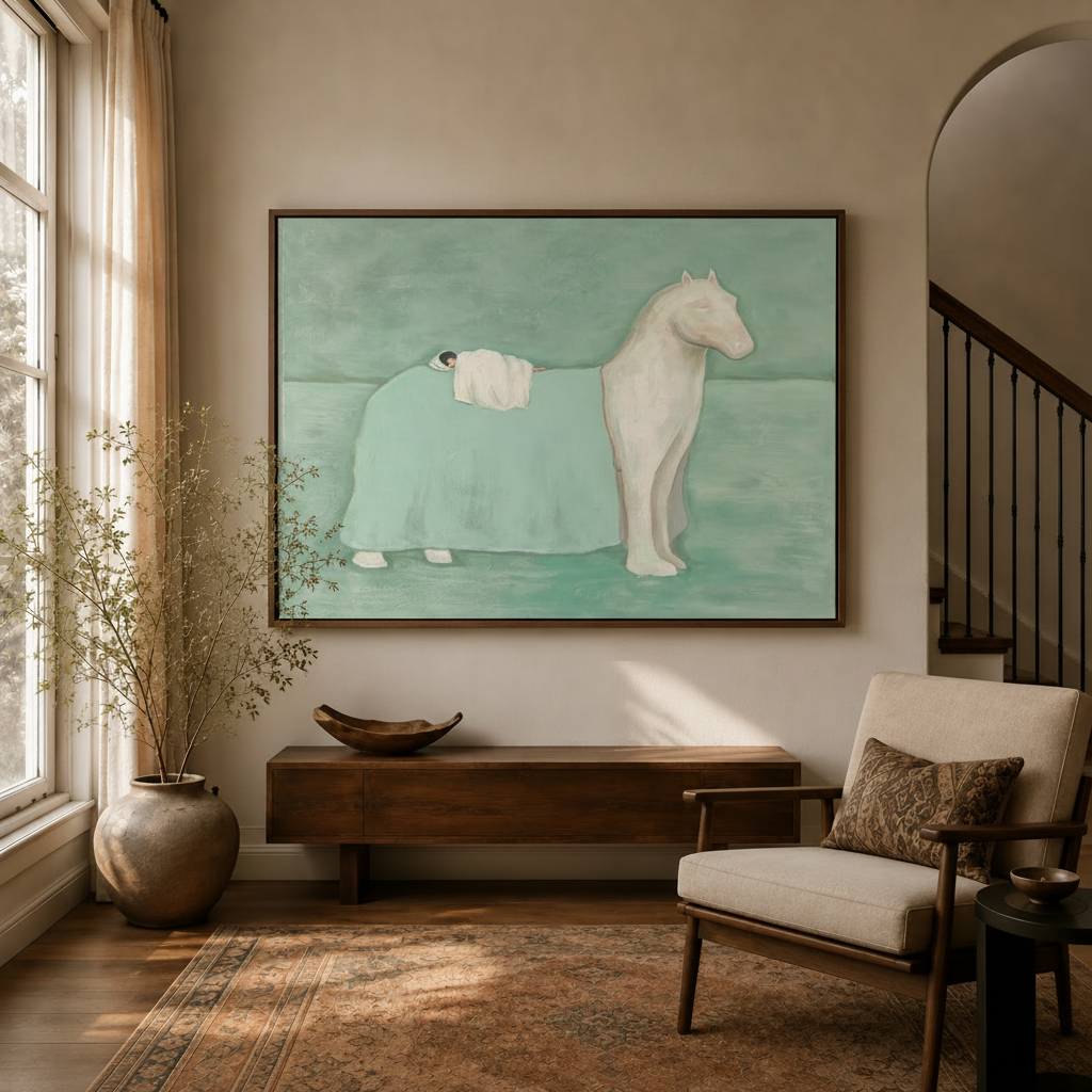 Dreaming horse figurative canvas wall art displayed above entryway console in warm neutral living space