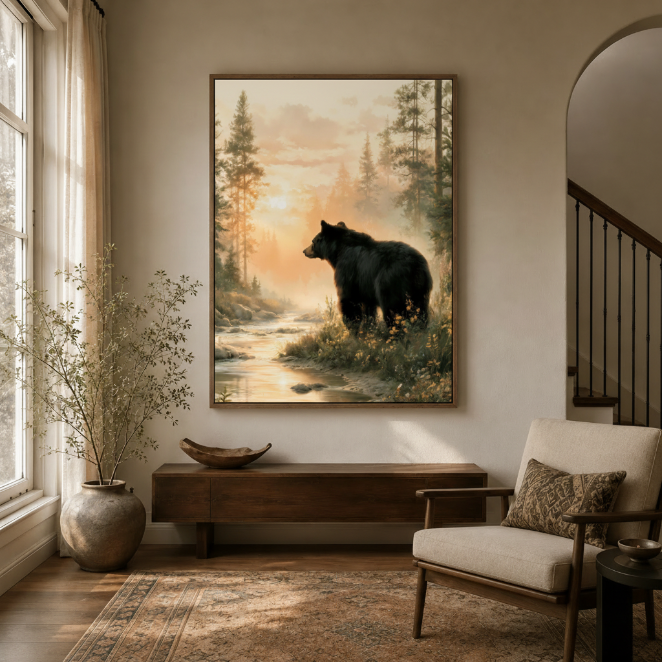 Black bear forest sunset canvas wall art displayed in a warm neutral entryway with dried branches and wood credenza