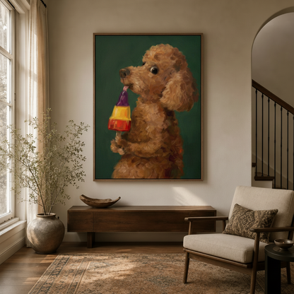 Funny poodle canvas wall art displayed in a warm entryway above a dark walnut console table