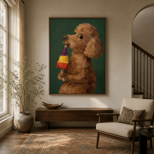 Funny poodle canvas wall art displayed in a warm entryway above a dark walnut console table