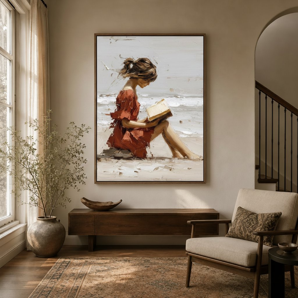 Beach reading girl canvas art in walnut floater frame displayed in a warm neutral entryway