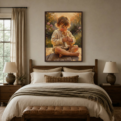 Impressionist child and kitten canvas wall art hung above walnut bed in warm neutral bedroom with cream bedding