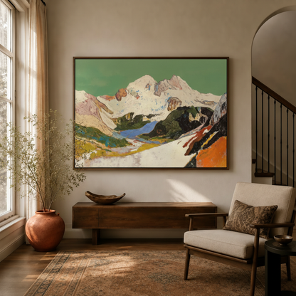 Alpine snow mountain landscape canvas wall art in dark walnut float frame above console in bright entryway