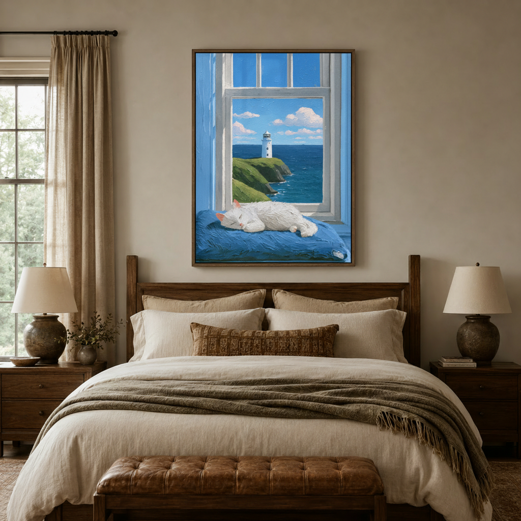 Sleeping cat lighthouse coastal canvas wall art displayed above bed in warm neutral bedroom