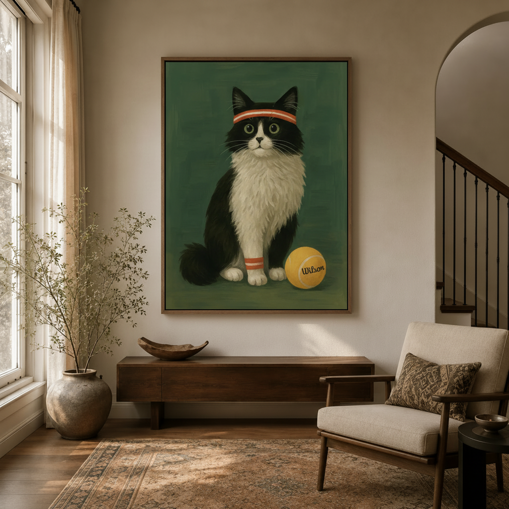 Vintage tennis cat framed canvas wall art displayed in a warm entryway with wooden console and dried botanicals