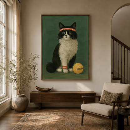 Vintage tennis cat framed canvas wall art displayed in a warm entryway with wooden console and dried botanicals