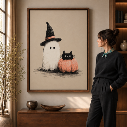 Framed Halloween ghost and black cat canvas displayed above a walnut console beside a woman.
