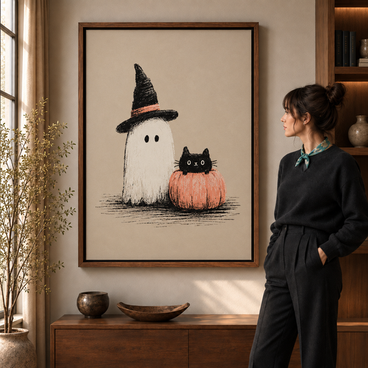 Framed Halloween ghost and black cat canvas displayed above a walnut console beside a woman.