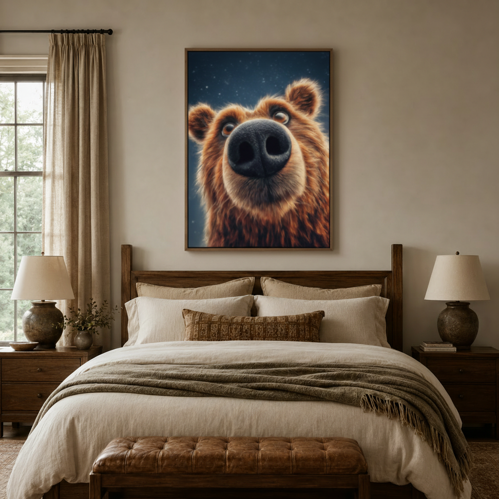 Funny bear nose close-up canvas art hanging above a bed in a cozy rustic farmhouse bedroom