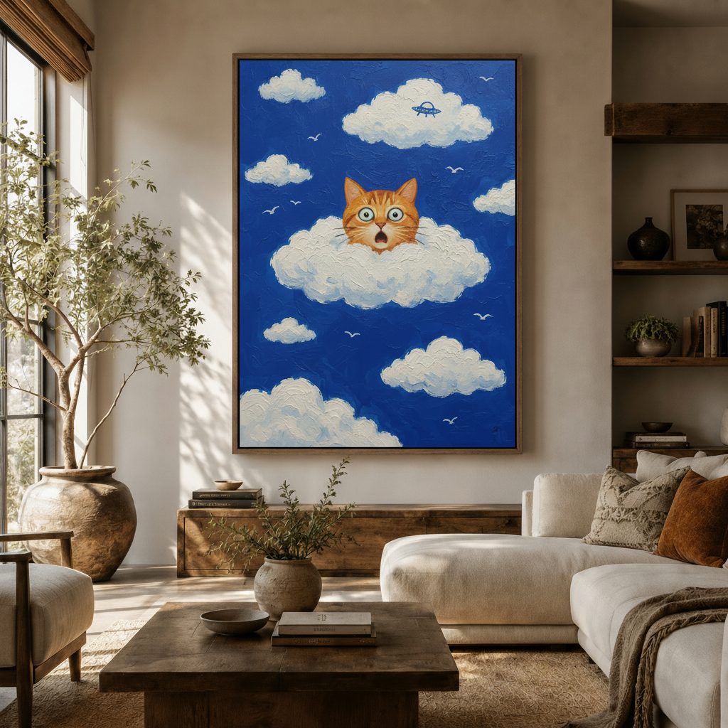 Funny cat cloud wall art in cobalt blue hanging above sofa in a warm neutral living room