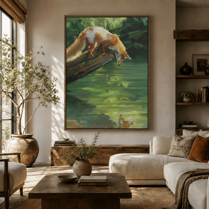 Red fox forest pond reflection canvas wall art displayed above a wooden sideboard in a bright modern living room