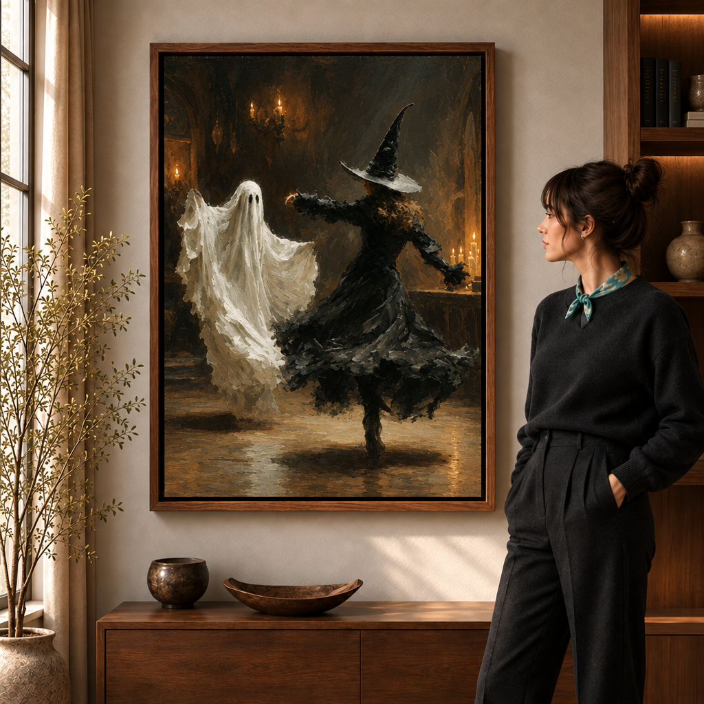Framed witch and ghost dancing canvas displayed above a walnut console beside a woman.