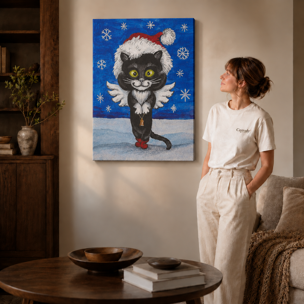 Unframed black cat Christmas canvas art displayed beside a sofa in a softly lit room.