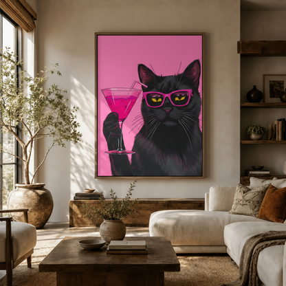 Pop art black cat cocktail canvas wall art displayed in bright living room above white sofa with natural light