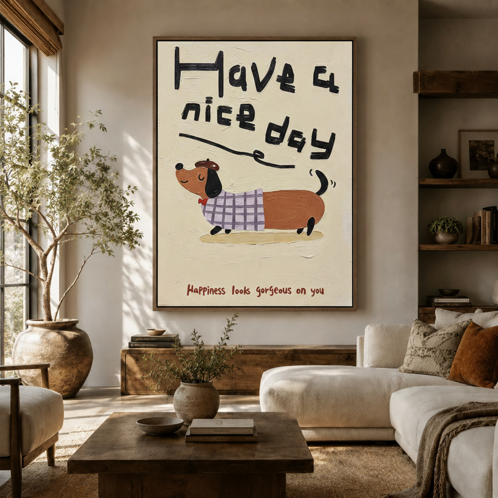 Dachshund Have a Nice Day impasto canvas print displayed in a warm neutral living room above a white sofa