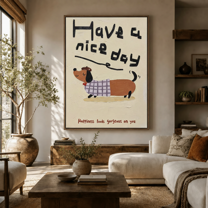 Dachshund Have a Nice Day impasto canvas print displayed in a warm neutral living room above a white sofa