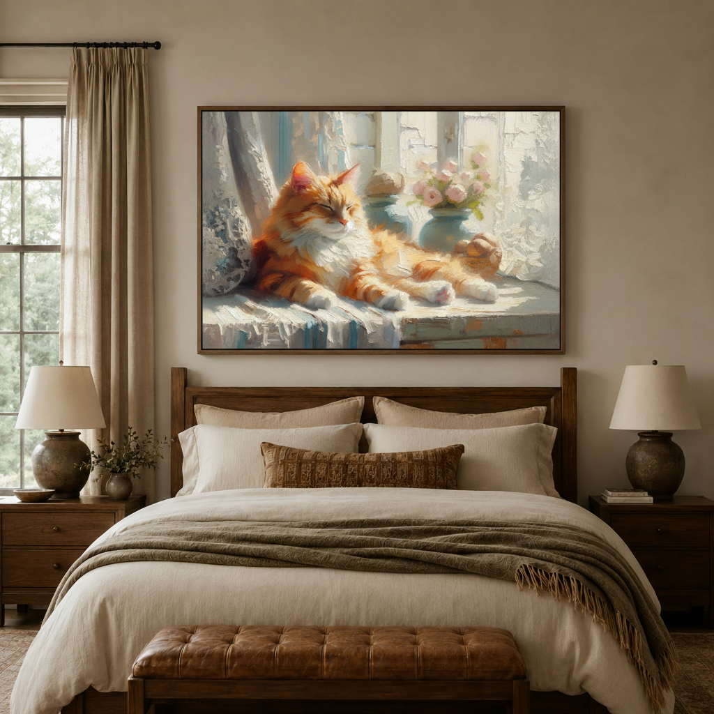 Sleeping ginger cat window impressionist canvas wall art displayed large above walnut headboard in cream bedroom