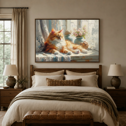 Sleeping ginger cat window impressionist canvas wall art displayed large above walnut headboard in cream bedroom