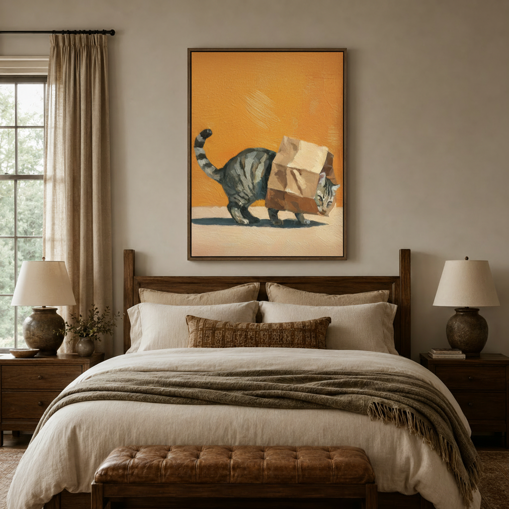 Impasto paper bag cat canvas wall art displayed above a dark walnut bed in a warm neutral bedroom