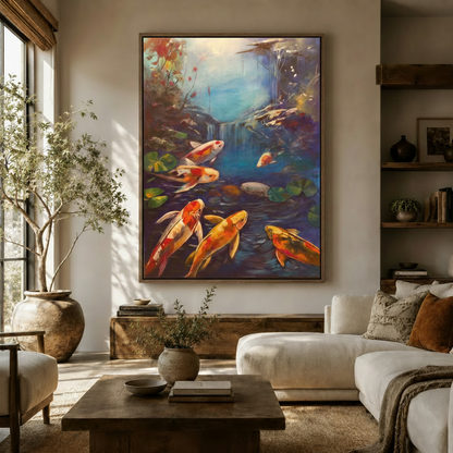 Oversized koi fish pond painting in walnut float frame above sofa in warm boho living room with wood accents