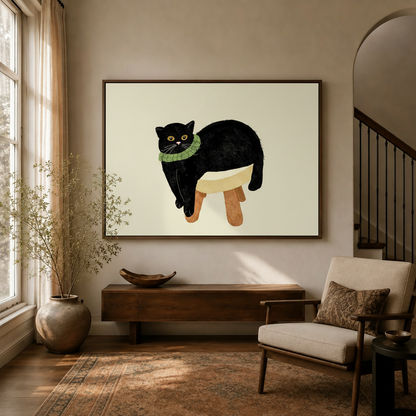Black cat illustration canvas print in float frame hanging above walnut console in warm entryway