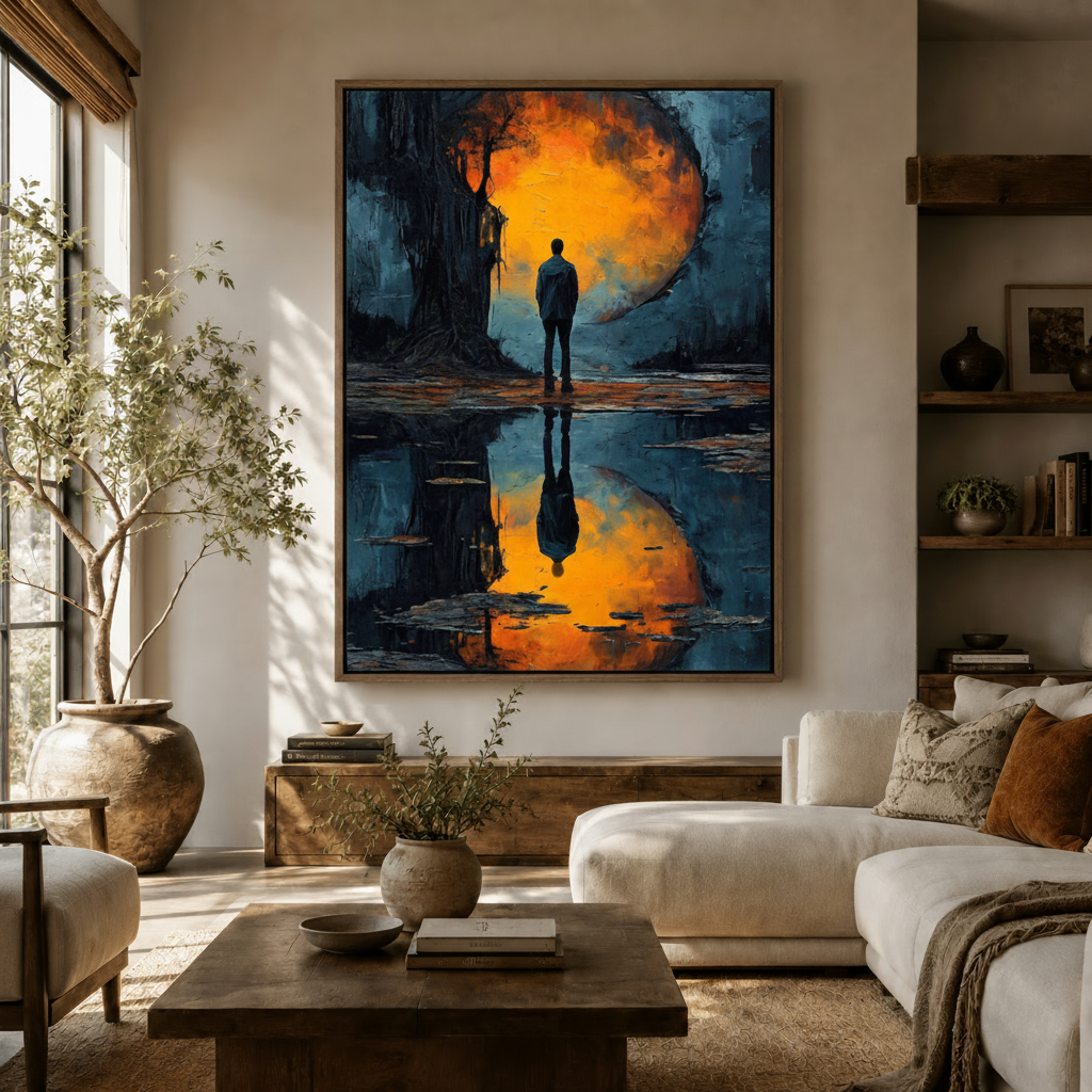 Moody amber portal oil painting canvas above cream sofa in warm organic modern living room