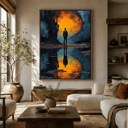 Moody amber portal oil painting canvas above cream sofa in warm organic modern living room