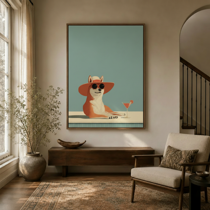 Retro corgi canvas print in walnut float frame above wooden console in warm neutral entryway