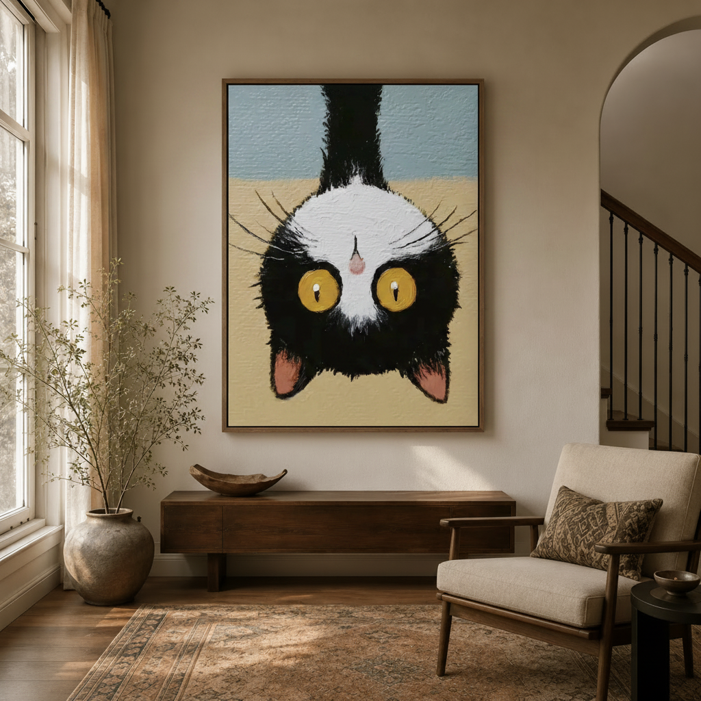 Whimsical tuxedo cat canvas wall art in floater frame hung in warm neutral entryway