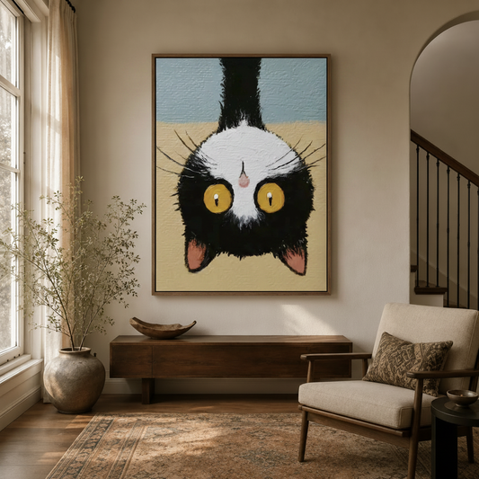 Whimsical tuxedo cat canvas wall art in floater frame hung in warm neutral entryway